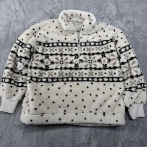 Loft‎ Womens size Large Fair Isle 1/2 zip Pullover Sherpa Jacket Cream Graphic